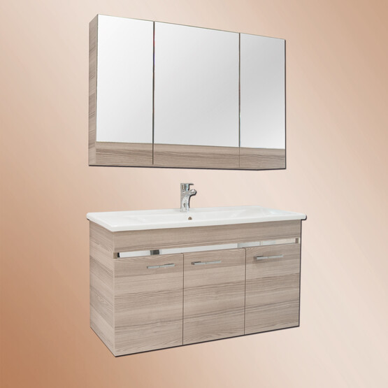 Gold Banyo Alba Aynalı 100 cm Takım Banyo Dolabı Açık Ceviz