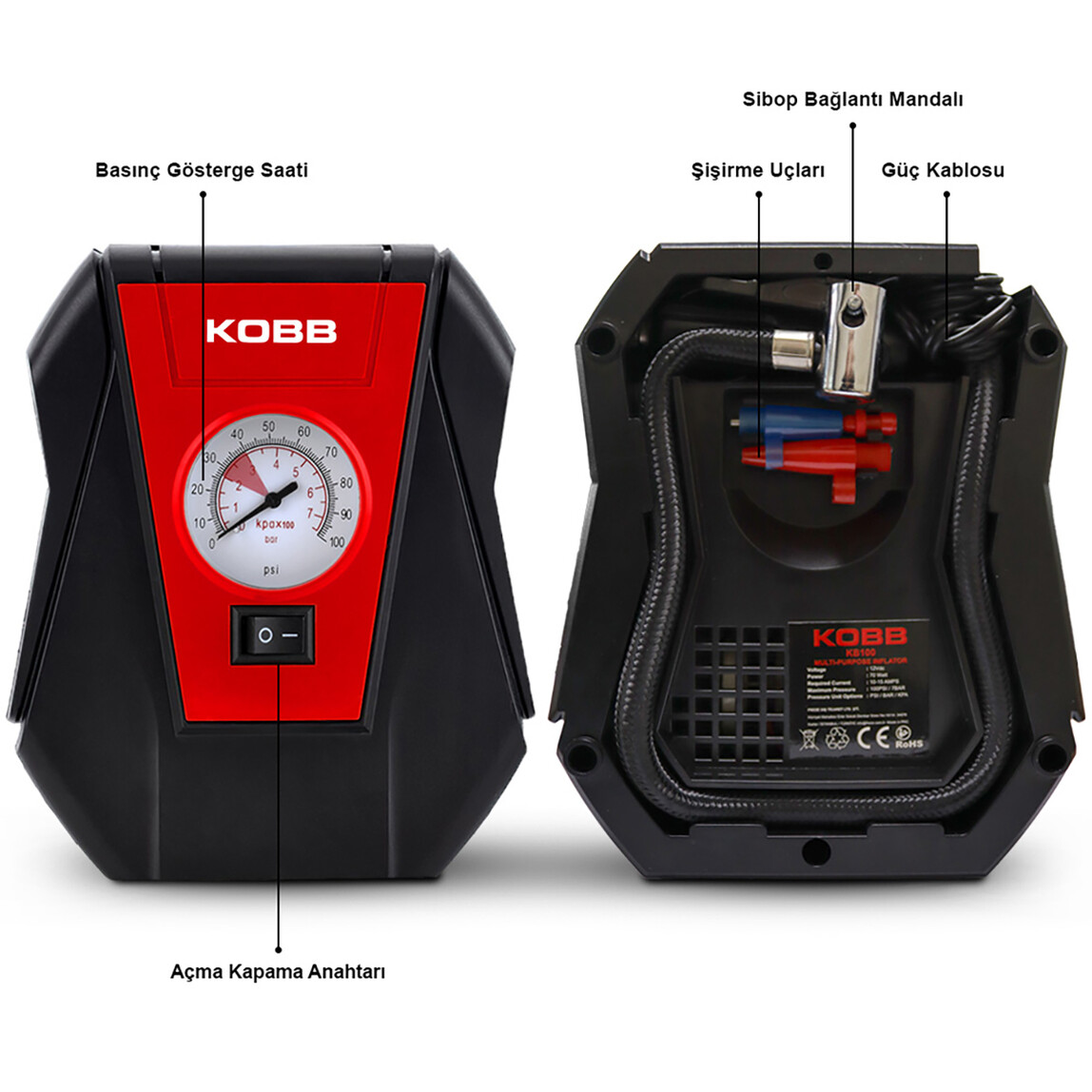    Kobb KB100 12Volt 100 PSI Analog Göstergeli Hava Lastik Şişirme Pompası 