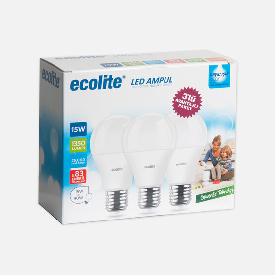 Ecolite 15 W Beyaz Klasik E27 Duy 3'lü Led Ampul  