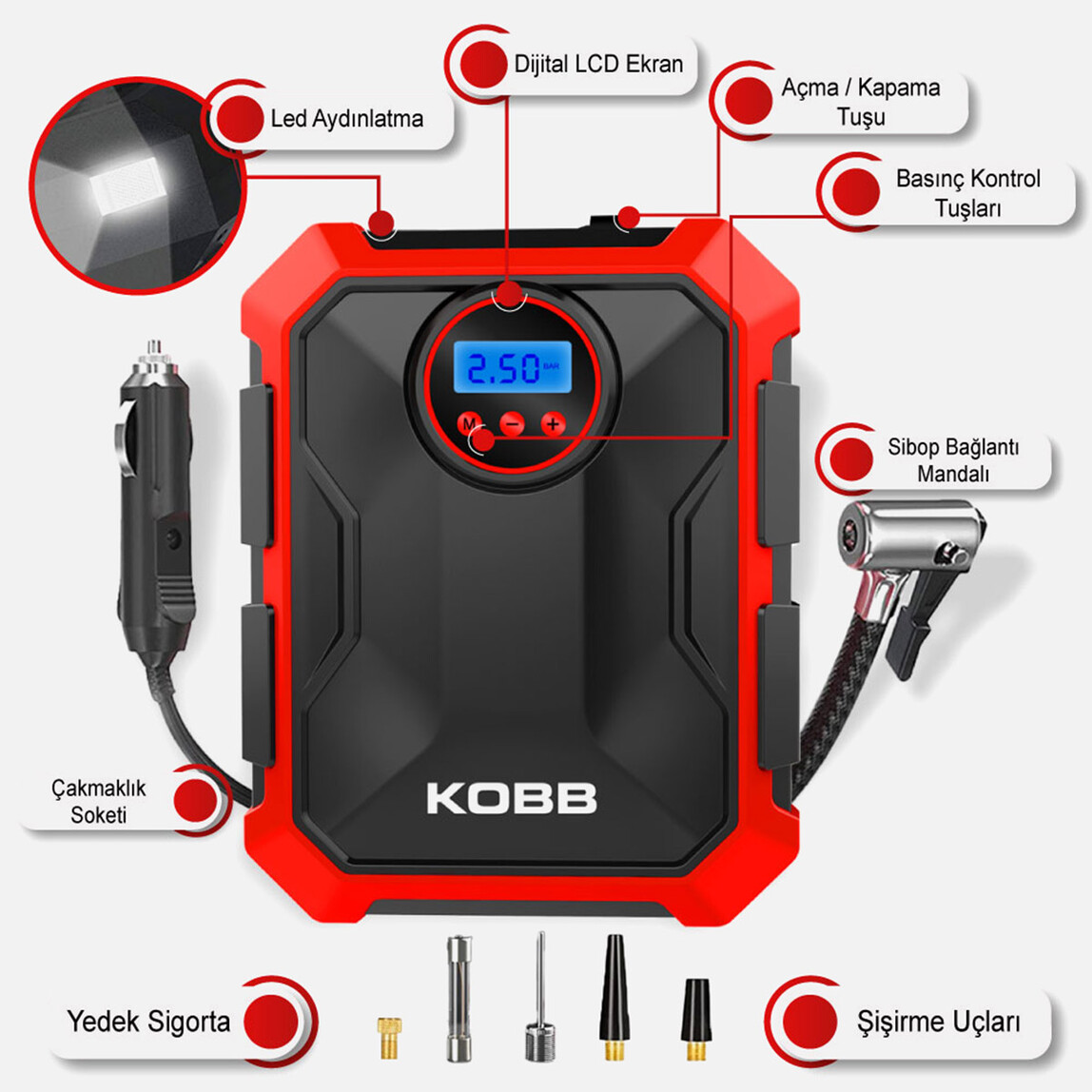    Kobb KB200 12Volt 150 PSI Ayarlanabilir Dijital Basınç Göstergeli Hava Lastik Şişirme Pompası  