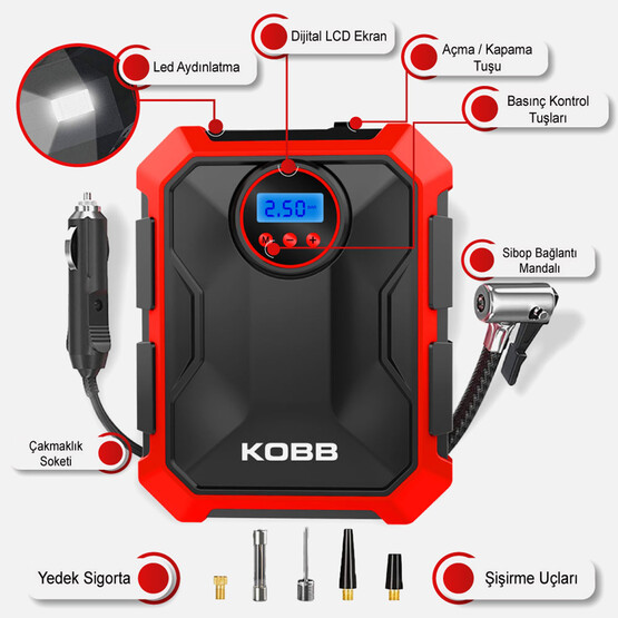 Kobb KB200 12Volt 150 PSI Ayarlanabilir Dijital Basınç Göstergeli Hava Lastik Şişirme Pompası 