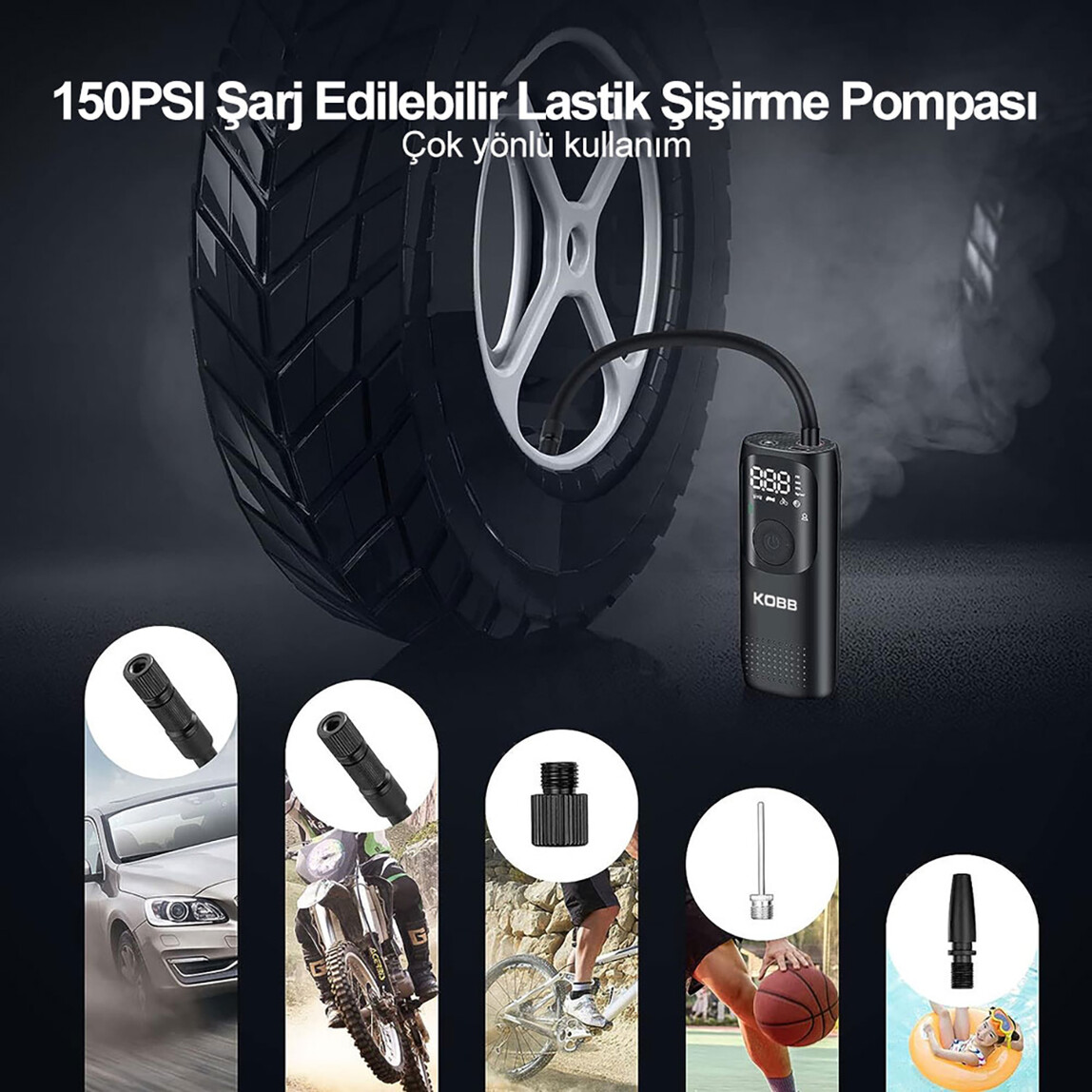    Kobb KB411 Şarjlı Li-ion 150 PSI Taşınabilir Dijital Basınç Göstergeli Led Aydınlatmalı Akıllı Lastik Şişirme Pompası 