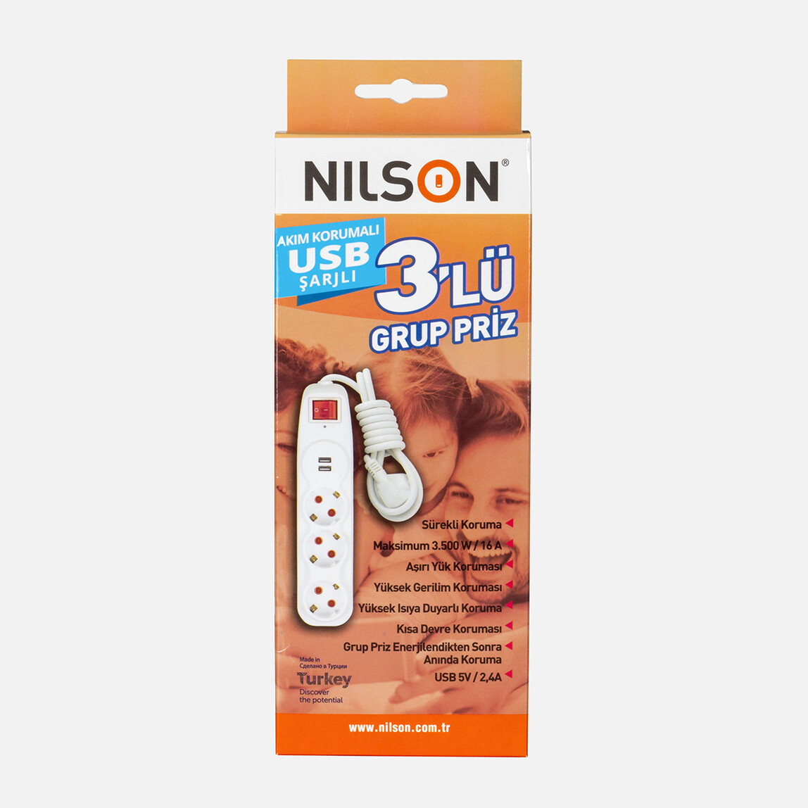    Nilson 2'li Usb Çocuk Korumalı 3'lü Anahtarlı Akım Korumalı Topraklı Grup Priz  