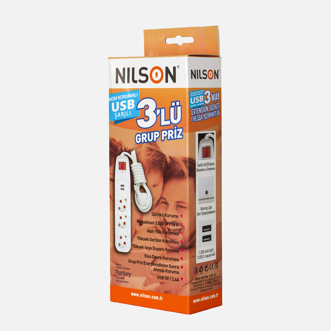    Nilson 2'li Usb Çocuk Korumalı 3'lü Anahtarlı Akım Korumalı Topraklı Grup Priz  