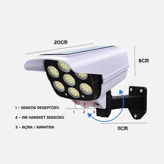 GreenTech GT-SL03 Güneş Enerjili, Hareket Sensörlü Sahte Güvenlik Kamerası Dış Mekan 77 LED Aydınlatmalı 