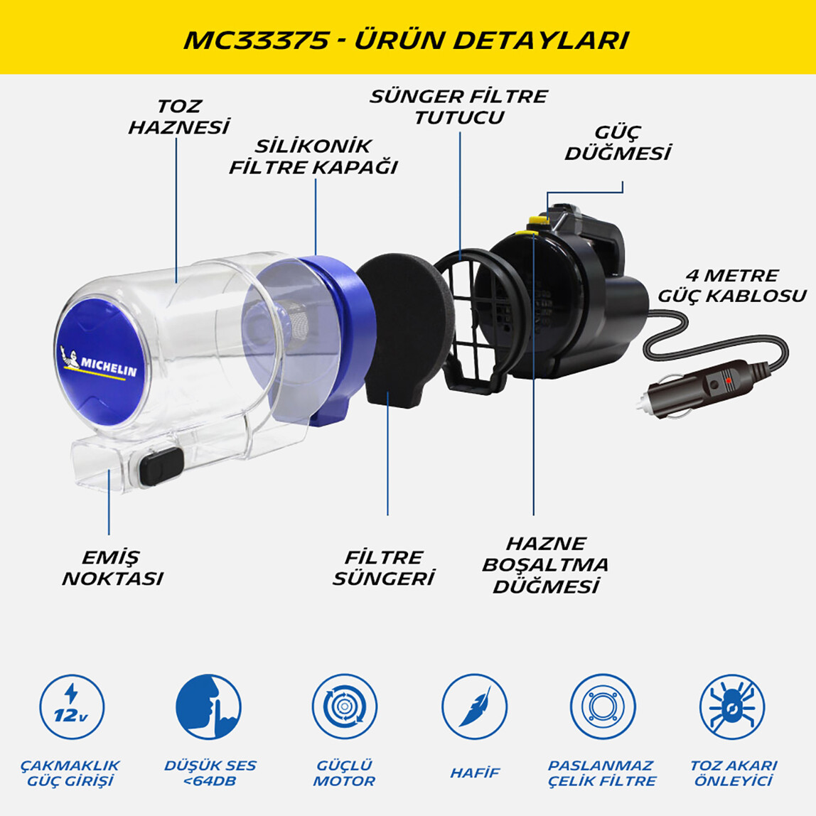    Michelin MC33375 150 W Oto Süpürgesi + 4 Parça Aksesuar Seti 