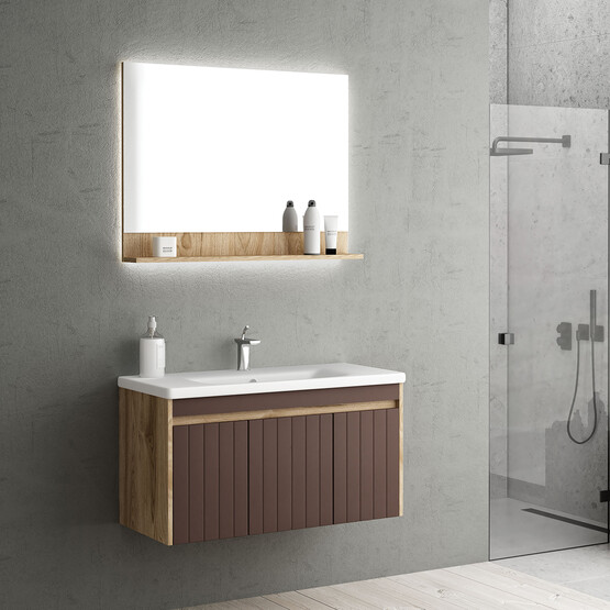Gold Banyo Olive Aynalı 98 cm Takım Banyo Dolabı Ceviz