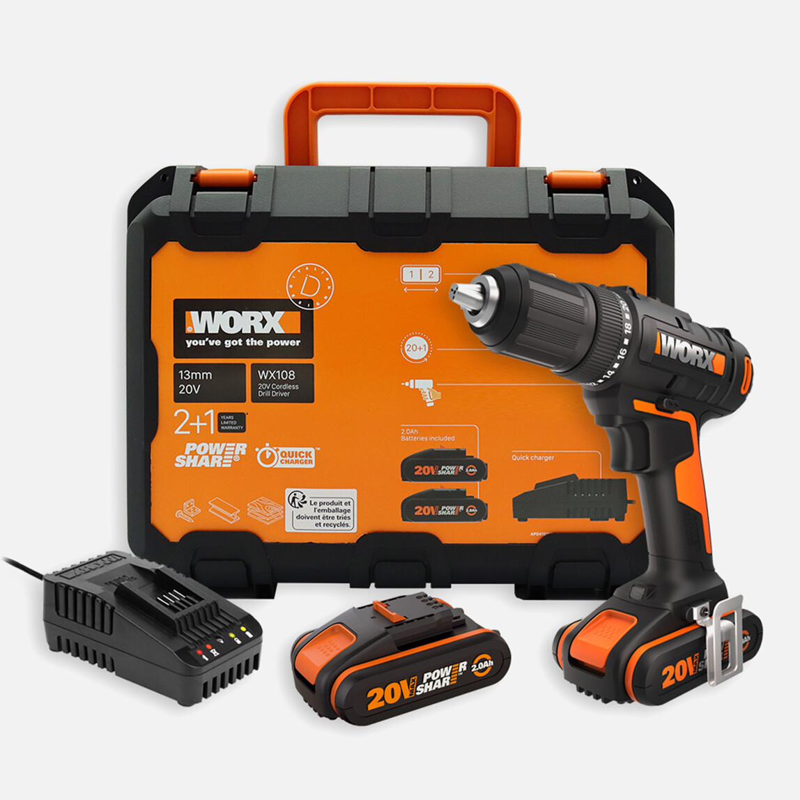    Worx WX108 20 V 2 Ah Çift Akülü Li-ion Darbesiz Akülü Matkap   