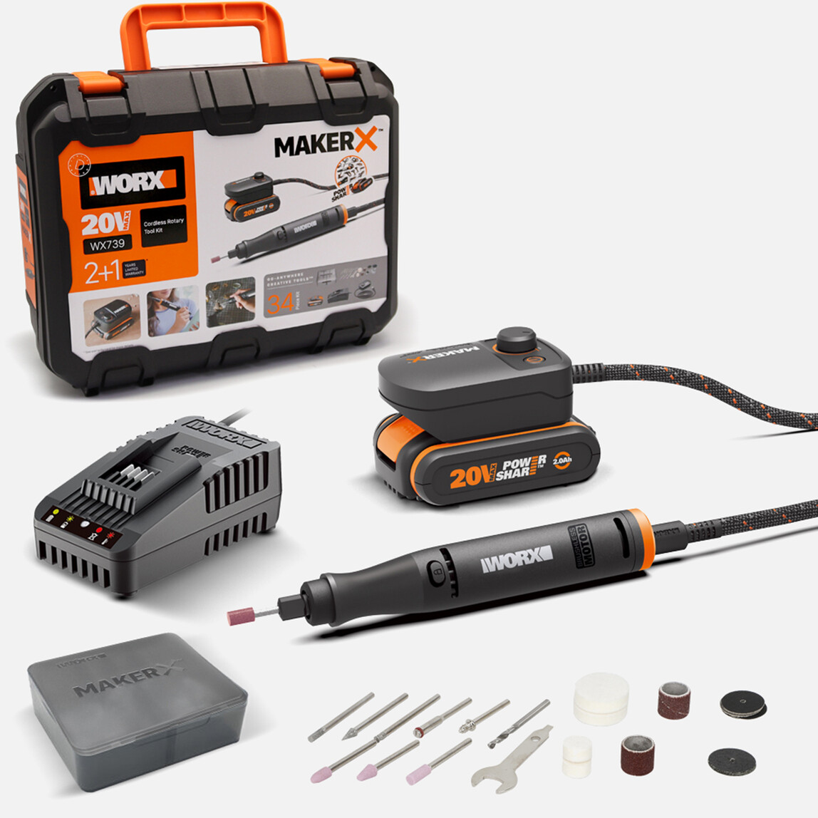    WORX WX739 MAKERX 20Volt 2.0Ah. Kömürsüz Profesyonel Kalem Tipi Devir Ayarlı Gravür Seti + 34 Parça Aksesuar  