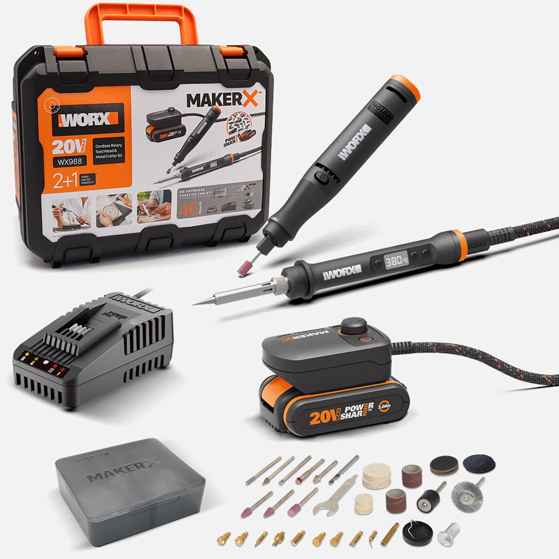    WORX WX988 MAKERX 20Volt 2.0Ah. Kömürsüz Profesyonel Kalem Tipi Devir Ayarlı Gravür Seti + Kalem Tipi Dijital Lehim ve Ahşap Yakma Seti + 46 Parça Aksesuar  