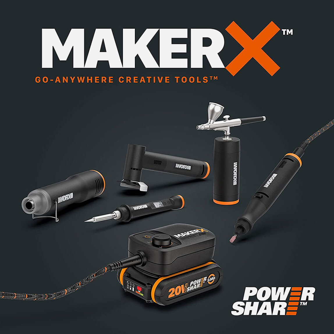    WORX WX988 MAKERX 20Volt 2.0Ah. Kömürsüz Profesyonel Kalem Tipi Devir Ayarlı Gravür Seti + Kalem Tipi Dijital Lehim ve Ahşap Yakma Seti + 46 Parça Aksesuar  