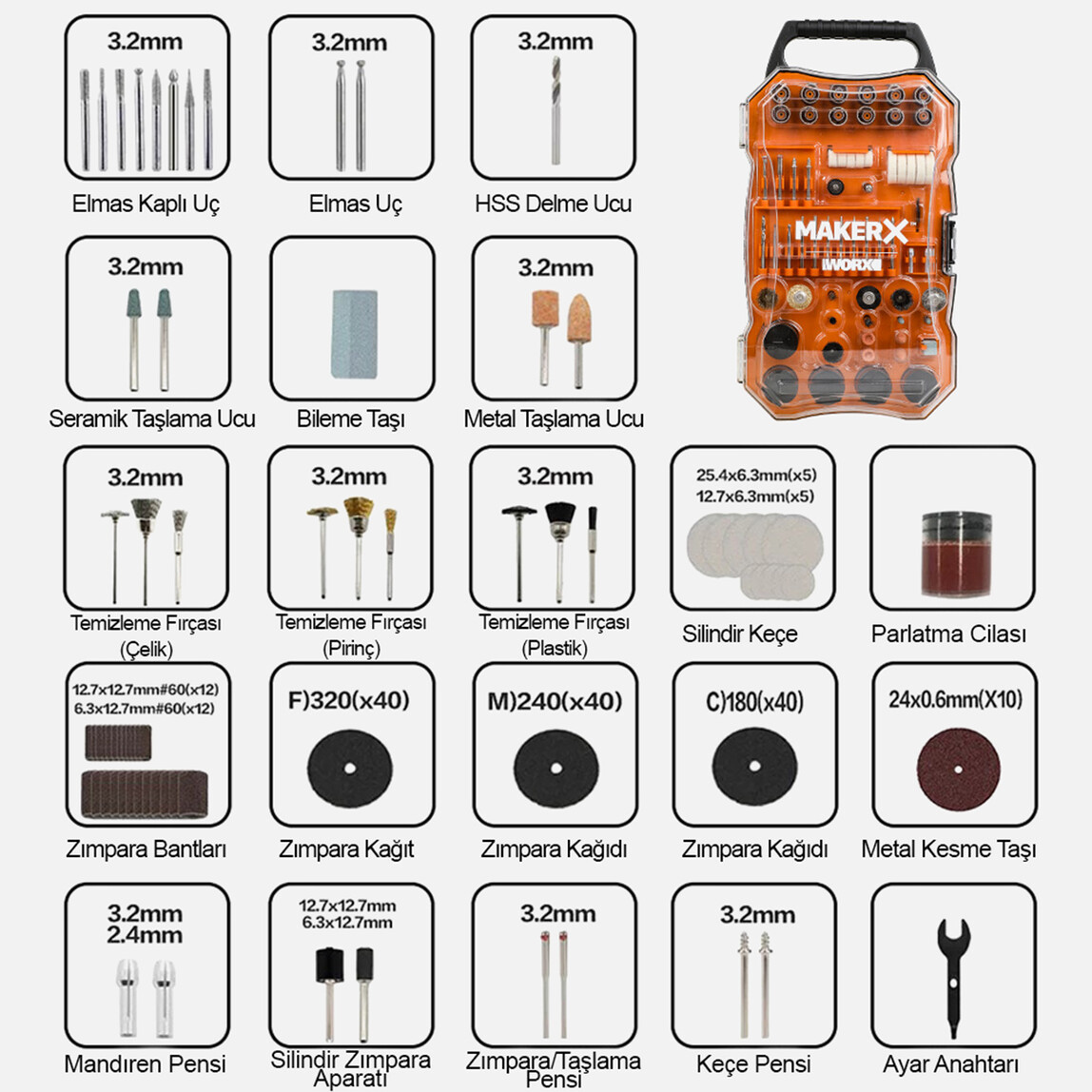   WORX WA7208 201 Parça Universal Gravür Hobi Aksesuar Seti  