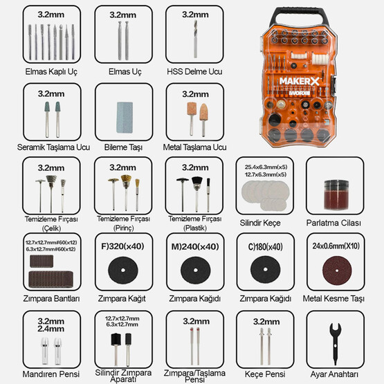 WORX WA7208 201 Parça Universal Gravür Hobi Aksesuar Seti 
