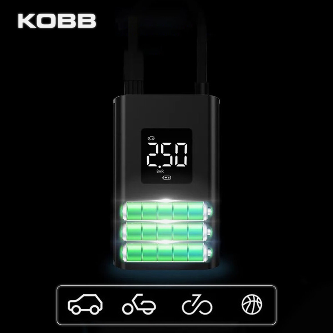    KOBB KB425 12V / Şarjlı Li-ion 150 PSI Dijital Göstergeli Akıllı Lastik Şişirme Pompası+ Powerbank + SOS + Led Lamba 