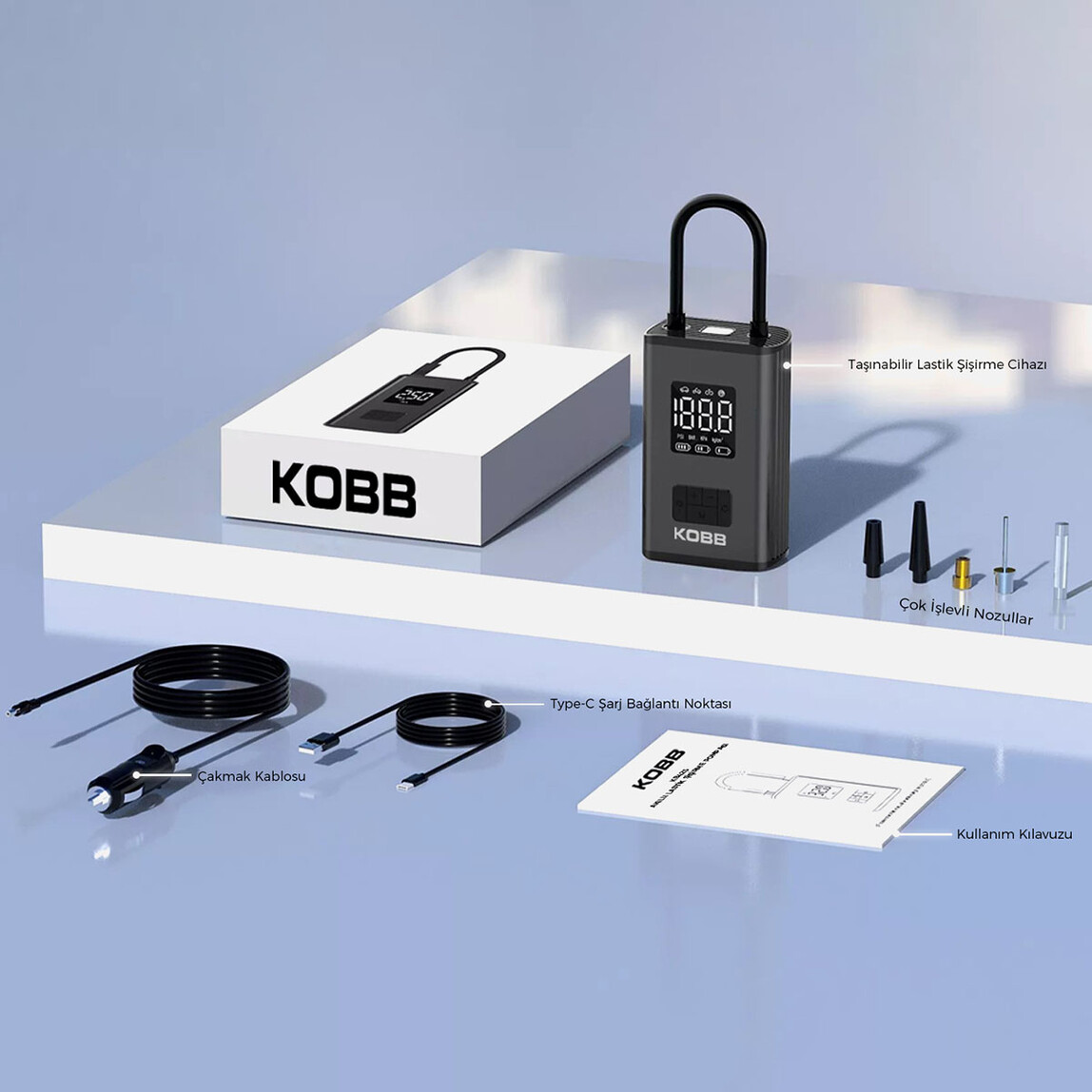    KOBB KB425 12V / Şarjlı Li-ion 150 PSI Dijital Göstergeli Akıllı Lastik Şişirme Pompası+ Powerbank + SOS + Led Lamba 