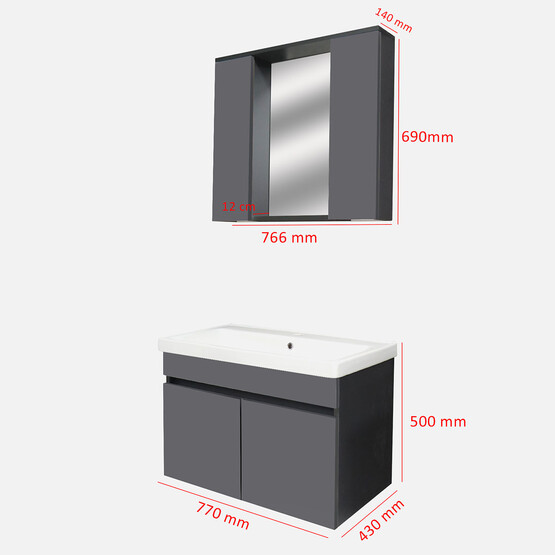 Karen Banyo Arya Aynalı 80 cm Takım Banyo Dolabı Antrasit