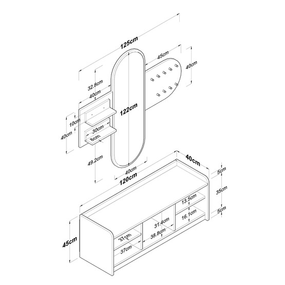Lar Modüler Aynalı Vestiyer 122x155 cm  