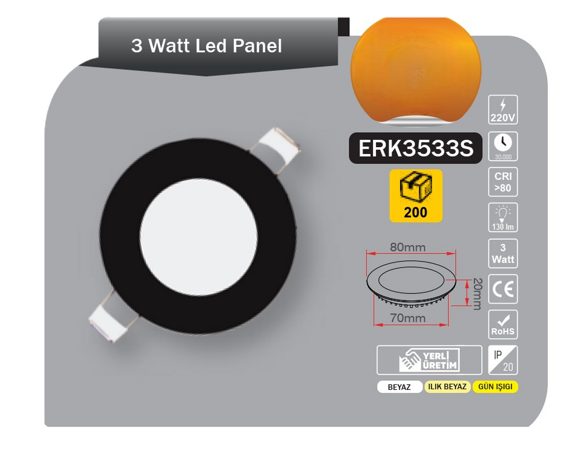    Tek-İş Led Panel Siyah Kasa 3W Günışığı  