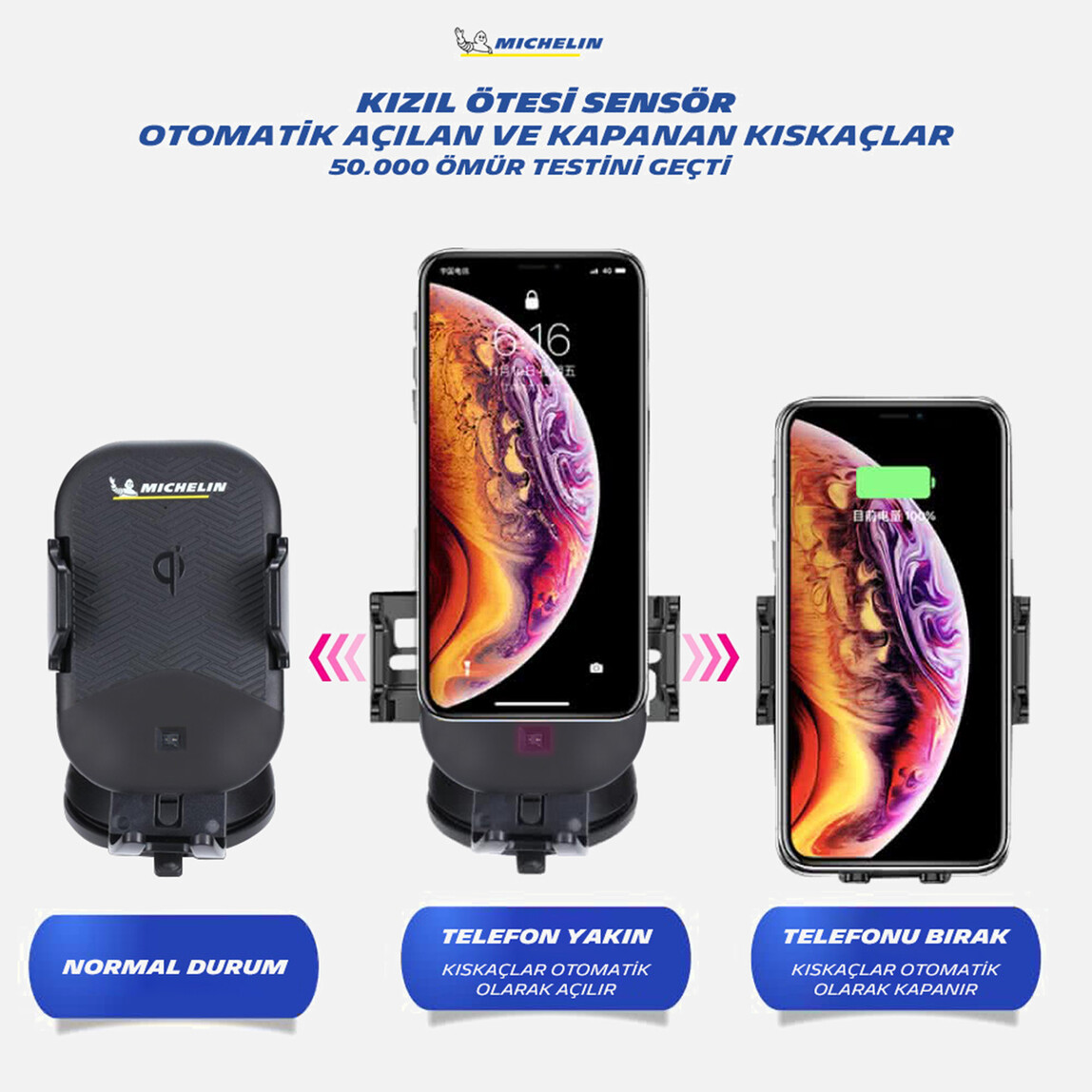    Michelin MC33368 Wireless Telefon Şarj Cihazı ve Dokunmatik Akıllı Telefon Tutucu  