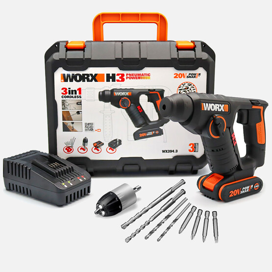 Worx WX394.3 20Volt 2.0Ah. Li-ion 1.5J Profesyonel SDS-Plus Pnömatik Şarjlı Matkap + 9 Adet Uç + Mandren 