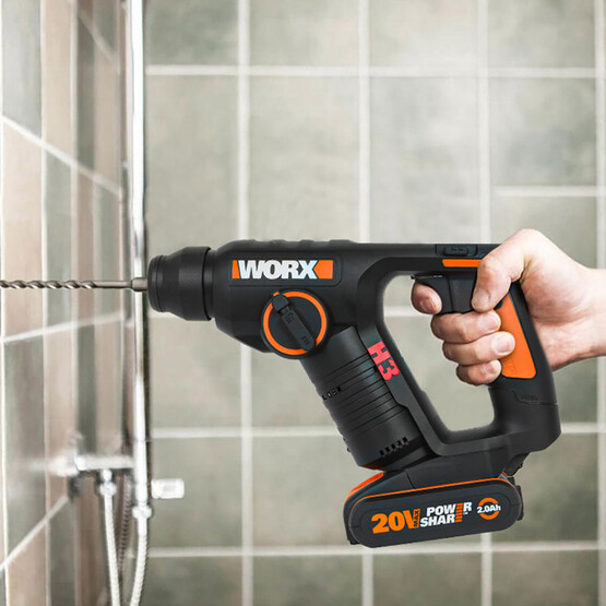 Worx WX394.3 20Volt 2.0Ah. Li-ion 1.5J Profesyonel SDS-Plus Pnömatik Şarjlı Matkap + 9 Adet Uç + Mandren 