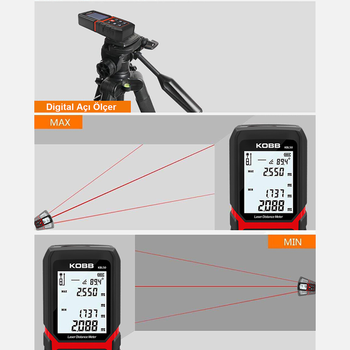    KOBB KBL50 50m Profesyonel Li-ion Şarjlı Lazer Metre  