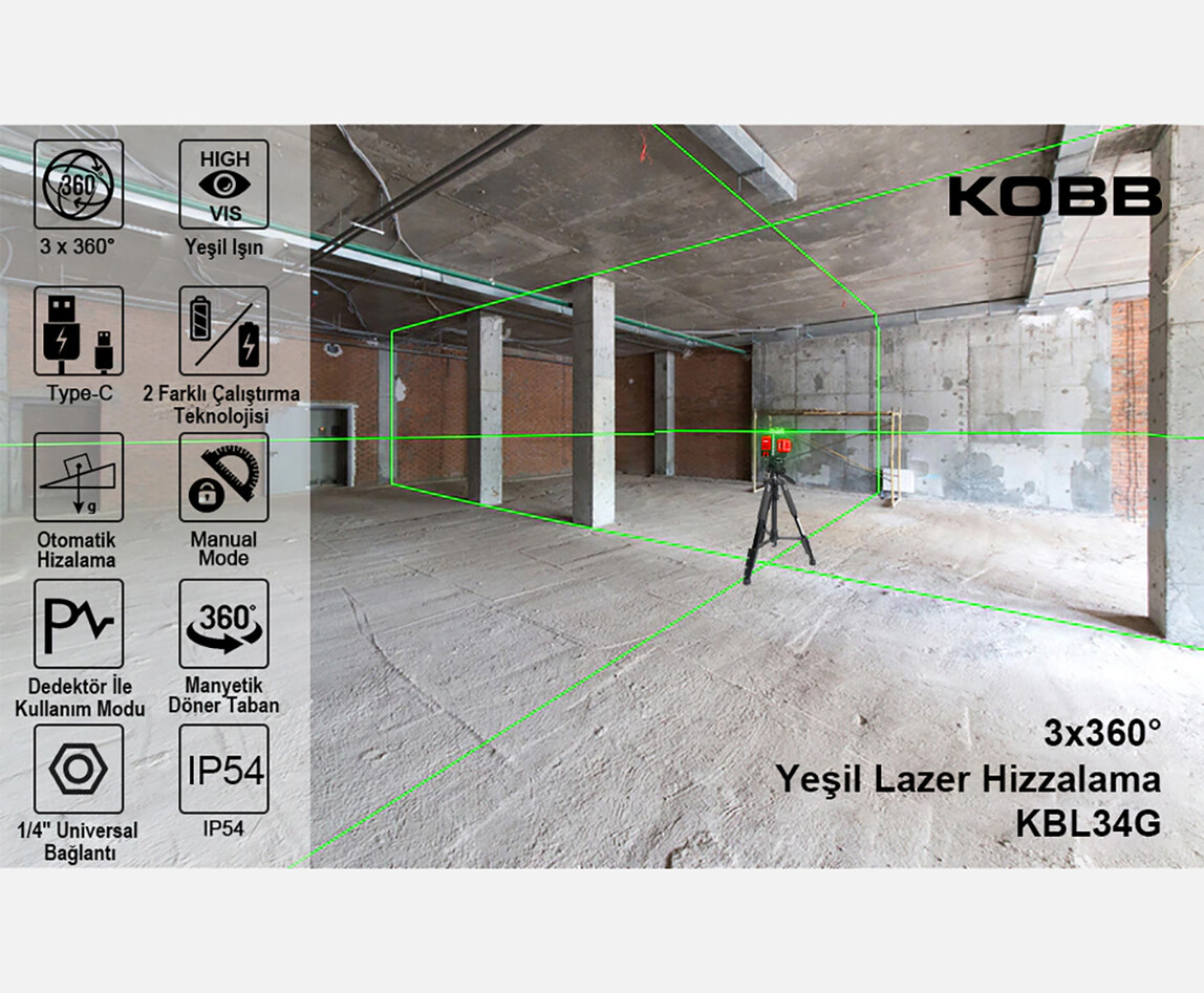    KOBB KBL34G 40 Metre Yeşil Çapraz Çizgi Lazer Distomat  