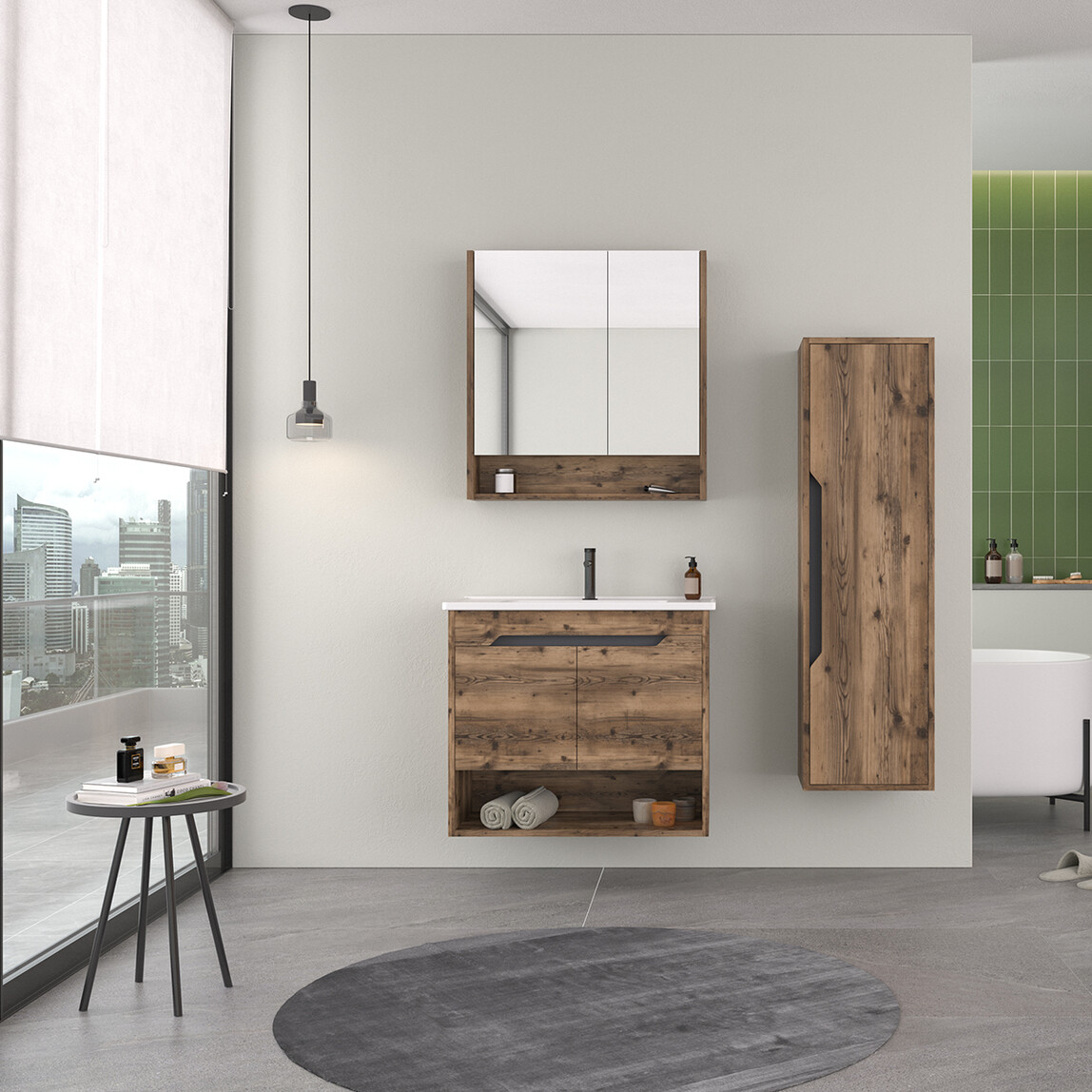    Bonitobagno Alberi Navaro Ceviz Aynalı 80 cm Üst Banyo Dolabı 