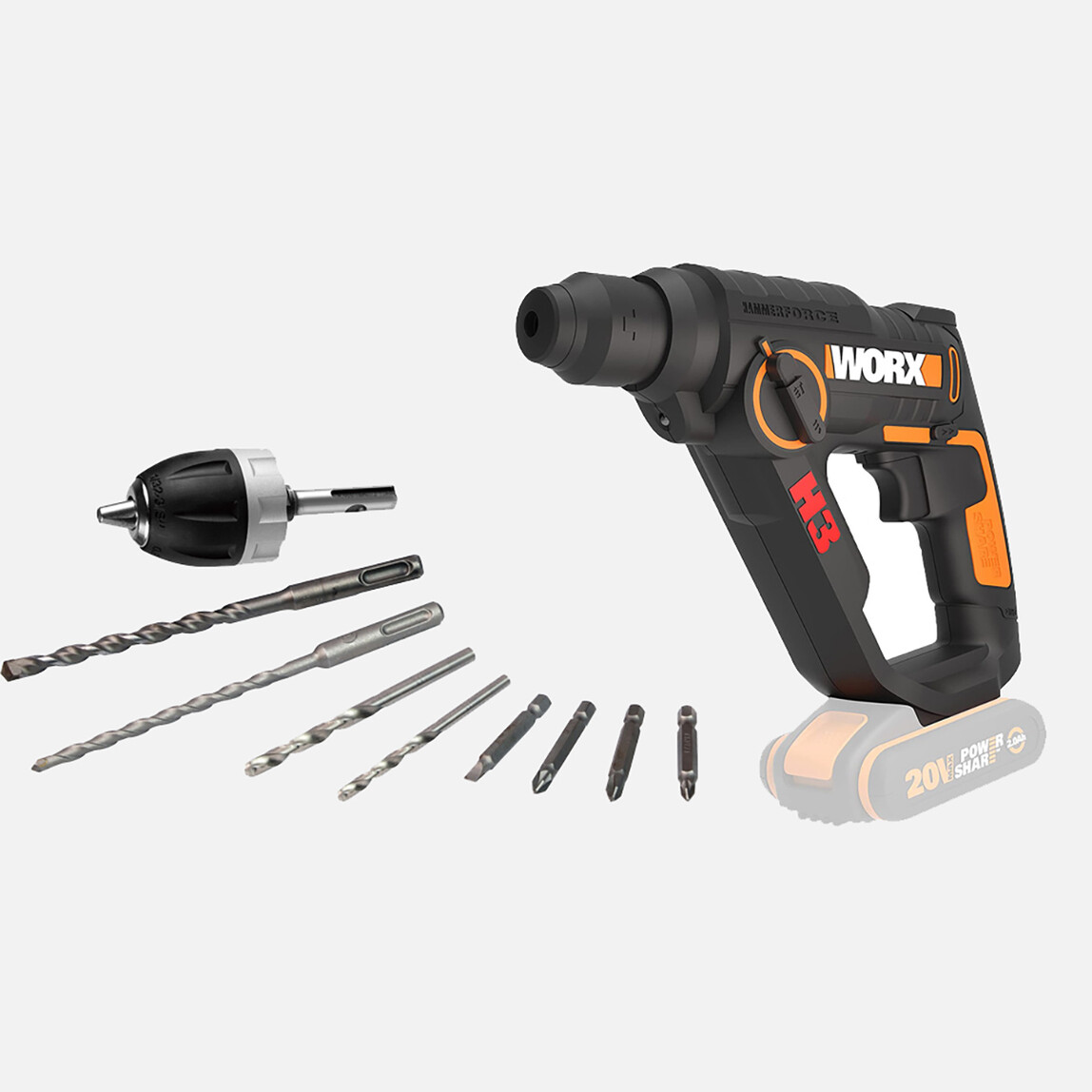    Worx WX390.9 20Volt 1.2J Profesyonel SDS-Plus Pnömatik Şarjlı Matkap + 8 Adet Uç + Mandren (Akü Dahil Değildir)  