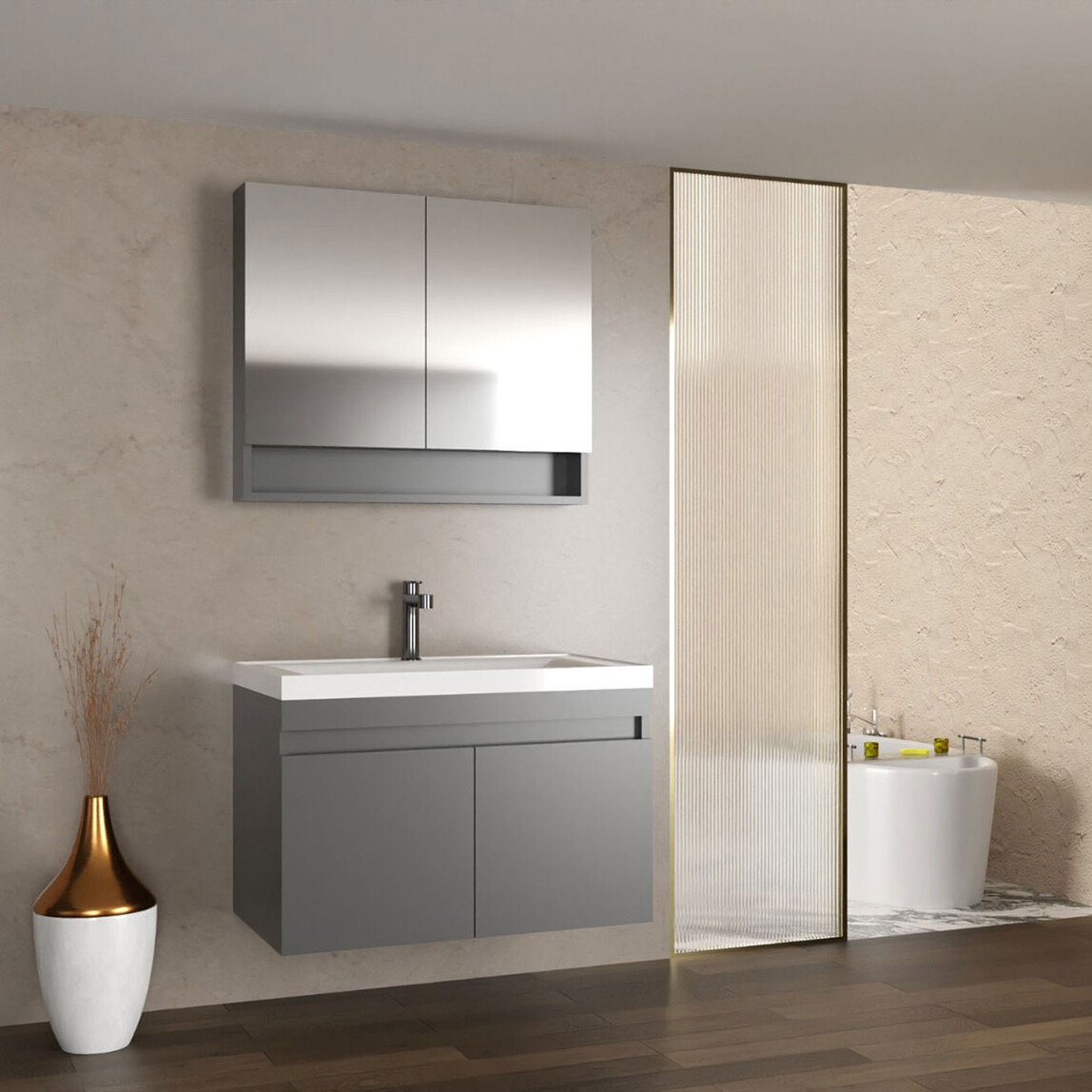    Gold Eco Antrasit - Kahverengi Aynalı 63 cm Banyo Dolabı 