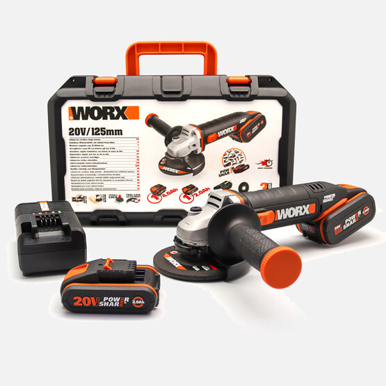 WORX WX803 20Volt 2.0/4.0 Ah. Li-ion Çift Akülü 125mm Profesyonel Şarjlı Avuç Taşlama 