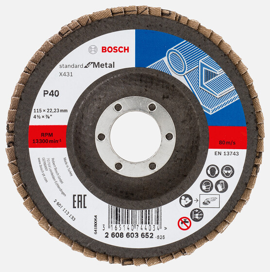 Bosch 115 mm 40 Kum Standard Seri Metal İçin x431 Aluminyumoksit Flap Zımpara Diski