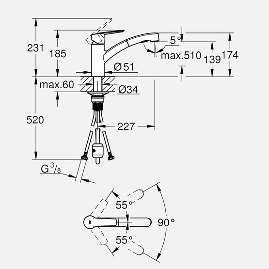 Grohe Start Siyah Spiralli Yatık Borulu Eviye Bataryası