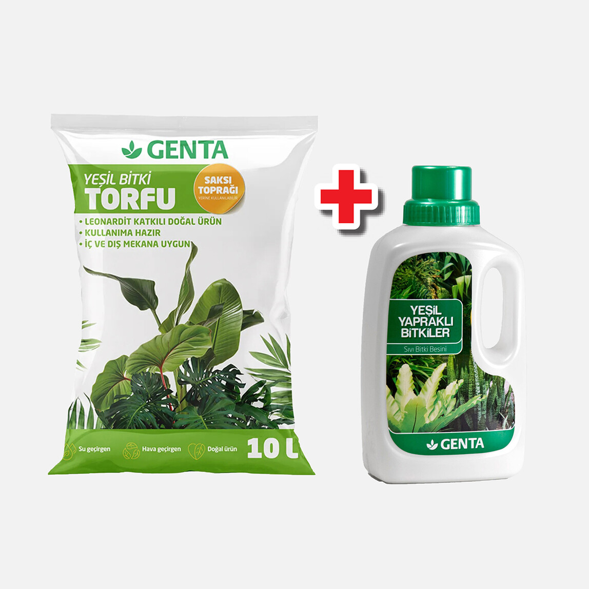    Genta Yeşil Yapraklı Bitki Torfu 10 lt ve Genta Prestige Yeşil Yapraklı Bitki Besin Sıvı 500 ml 