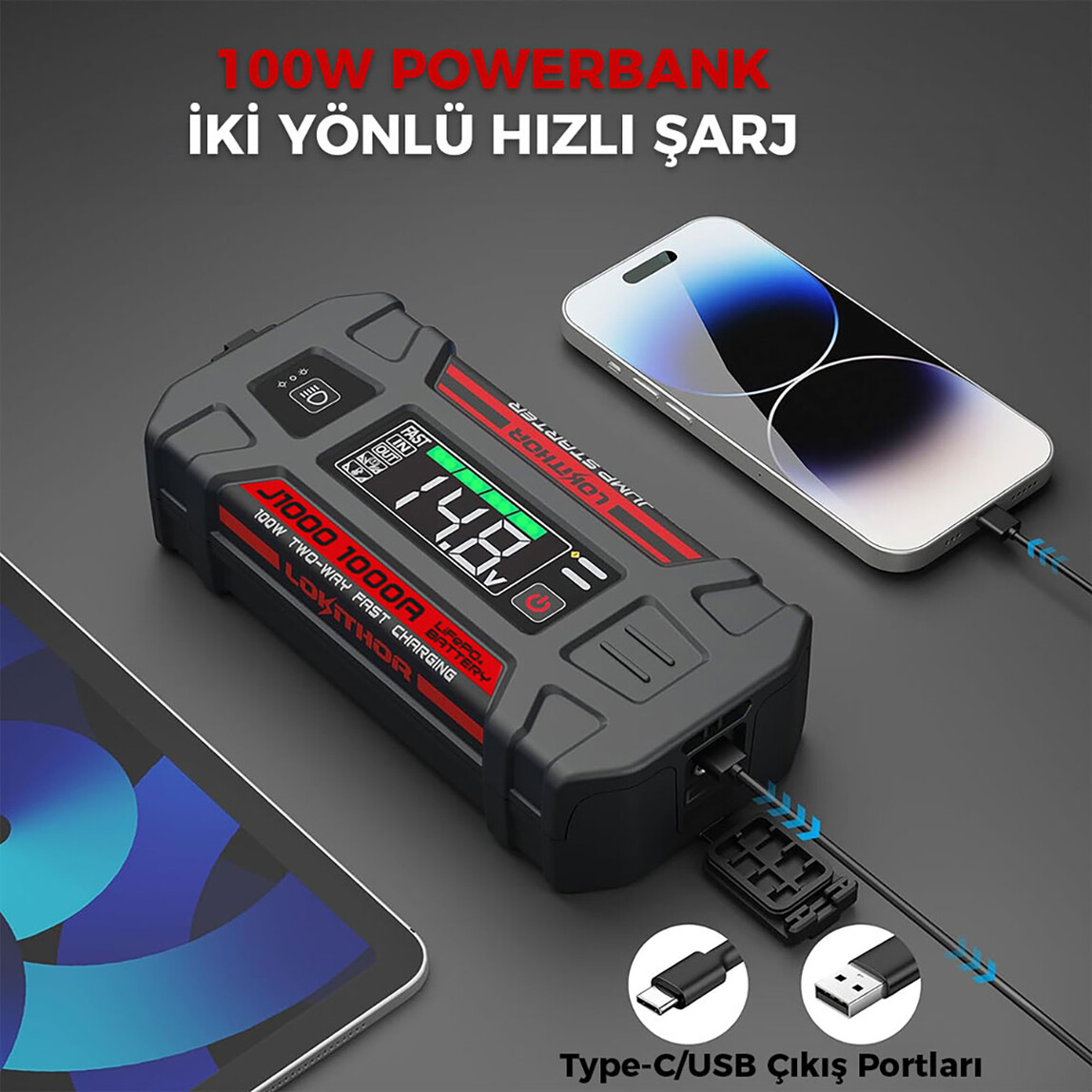    Lokithor J1000 12V 1000 Amp LiFePO4 Akıllı Akü Takviye- Powerbank-Led Lamba 