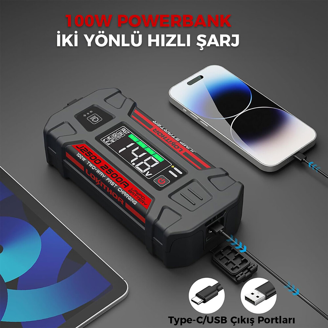    Lokithor J2500 12V 2500 Amp LiFePO4 Akıllı Akü Takviye-Powerbank-Led Lamba 