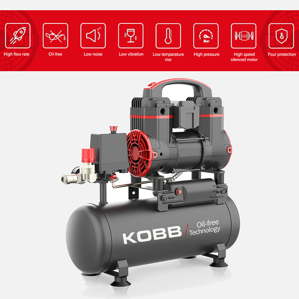    KOBB KBK8S 1.2HP 8Lt 8Bar Yağsız Sessiz Taşınabilir Hava Kompresörü 