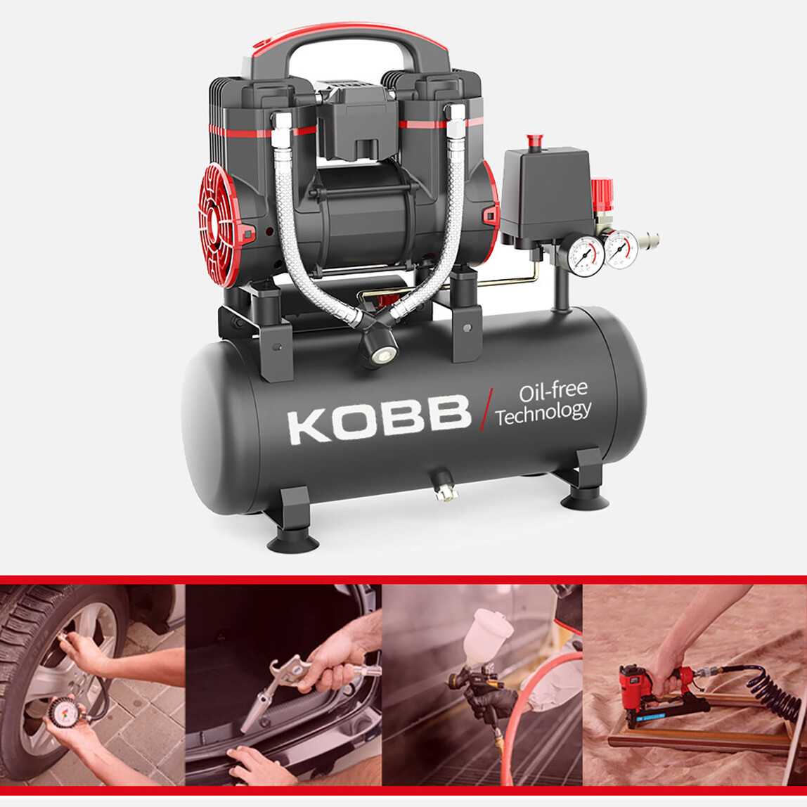    KOBB KBK8S 1.2HP 8Lt 8Bar Yağsız Sessiz Taşınabilir Hava Kompresörü 