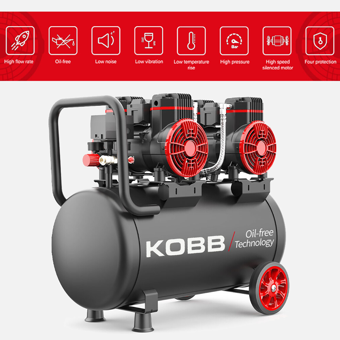    KOBB KBK50S2 4.0HP 50Lt 8Bar Çift Motorlu Yağsız Sessiz Taşınabilir Hava Kompresörü 