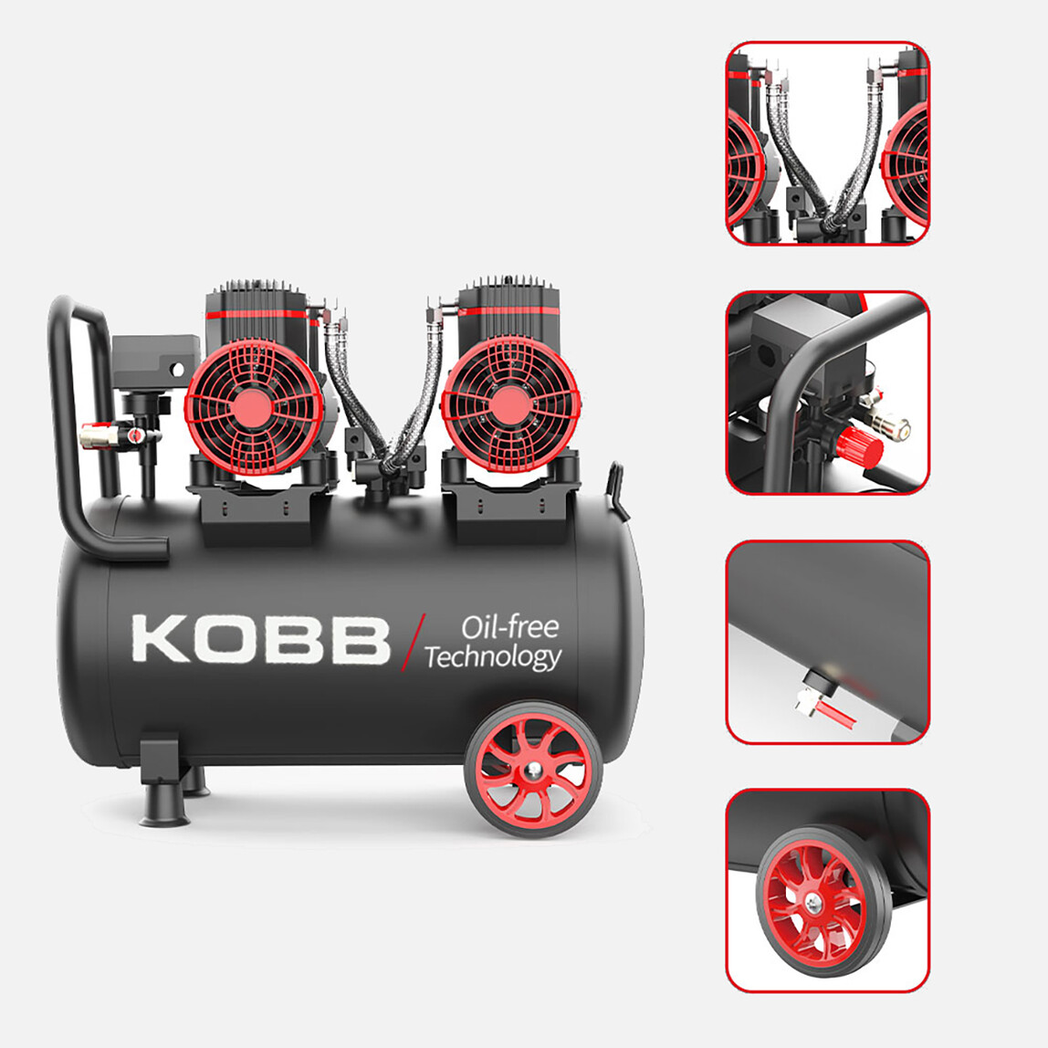    KOBB KBK50S2 4.0HP 50Lt 8Bar Çift Motorlu Yağsız Sessiz Taşınabilir Hava Kompresörü 