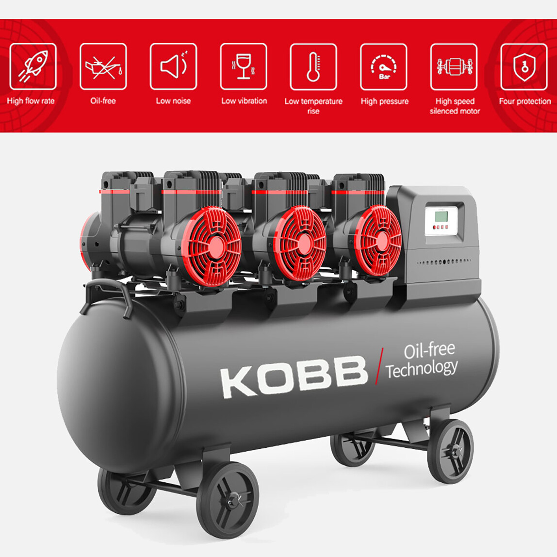    KOBB KBK100S 6.0HP 100Lt 8Bar Üç Motorlu Yağsız Sessiz Taşınabilir Hava Kompresörü 