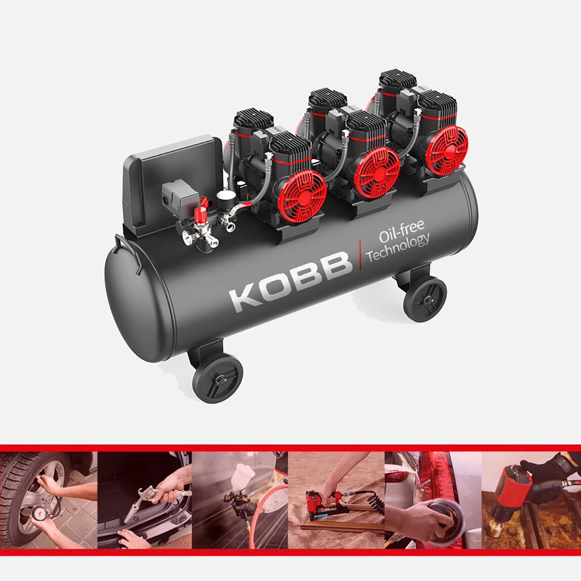    KOBB KBK100S 6.0HP 100Lt 8Bar Üç Motorlu Yağsız Sessiz Taşınabilir Hava Kompresörü 