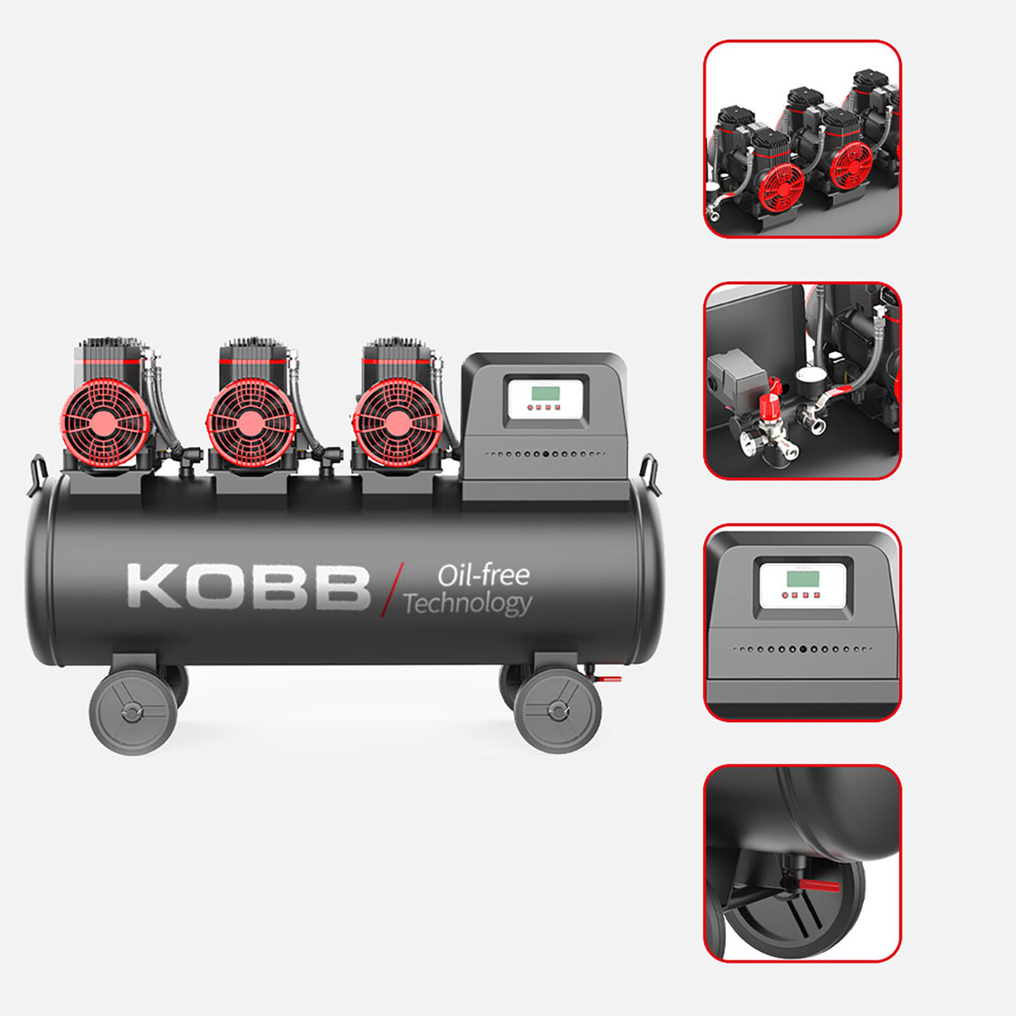    KOBB KBK100S 6.0HP 100Lt 8Bar Üç Motorlu Yağsız Sessiz Taşınabilir Hava Kompresörü 