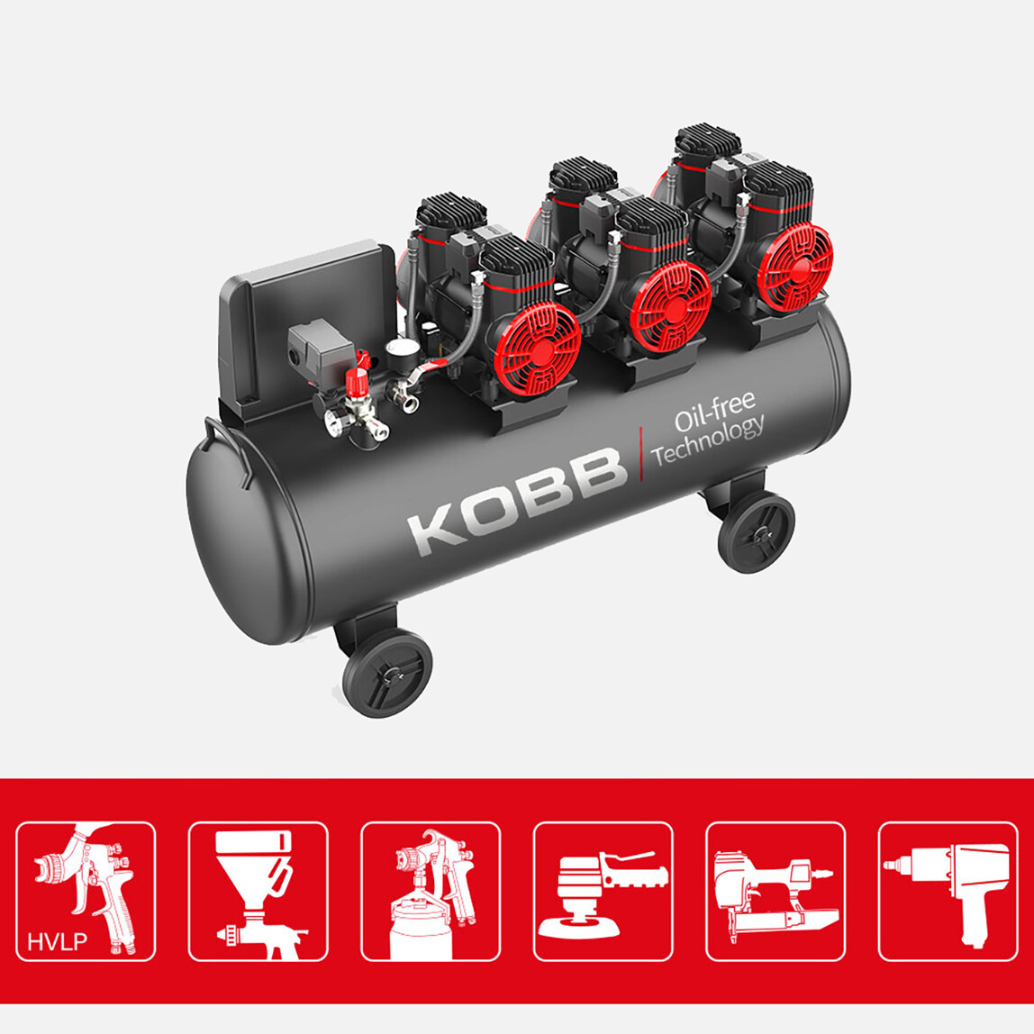    KOBB KBK100S 6.0HP 100Lt 8Bar Üç Motorlu Yağsız Sessiz Taşınabilir Hava Kompresörü 