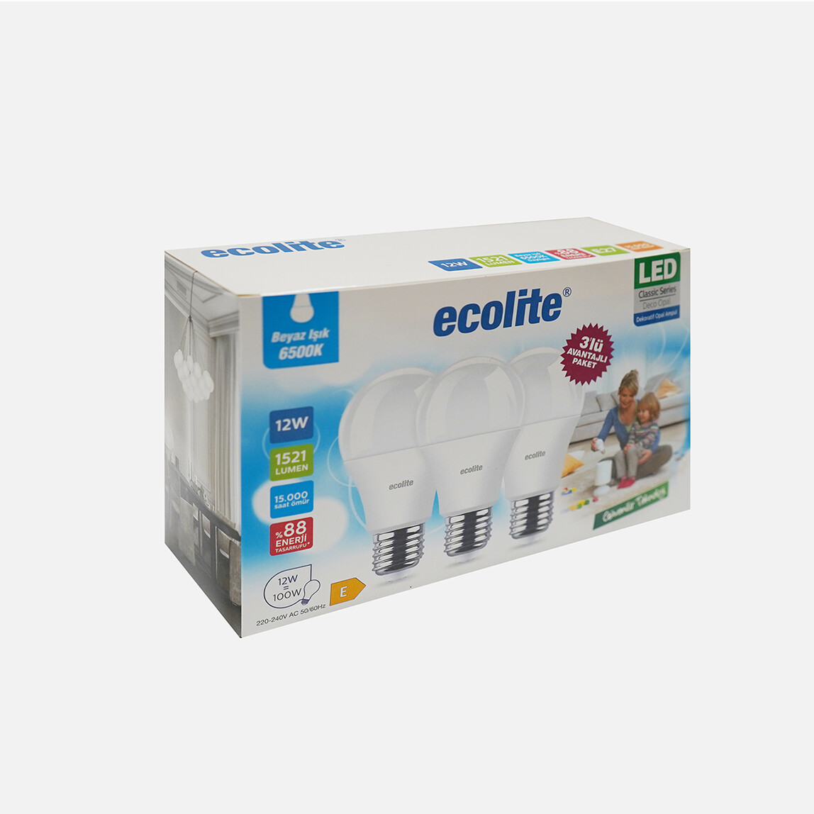    Ecolite A60 LED Ampul 12W E27 6500K Beyaz Işık 3'lü Paket 