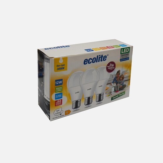 Ecolite A60 LED Ampul 12W E27 3000K Sarı Işık 3'lü Paket