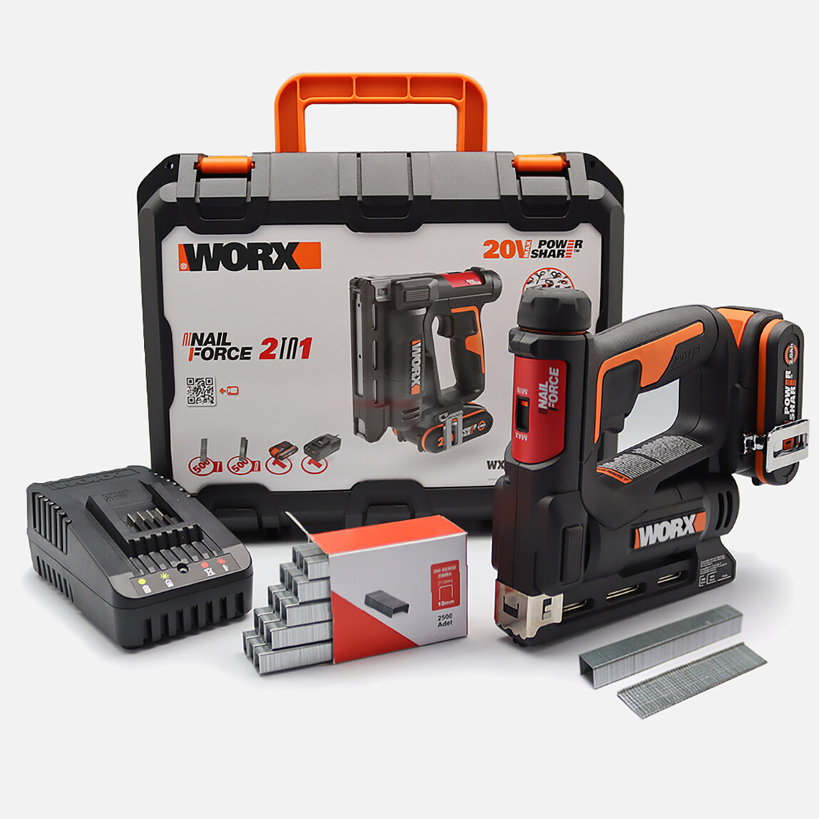    Worx WX843 20Volt/2.0Ah. Li-ion Şarjlı Profesyonel 6-14mm Zımba ve 15mm Çivi Çakma + 3500 adet Yedek Zımba ve Çivi 