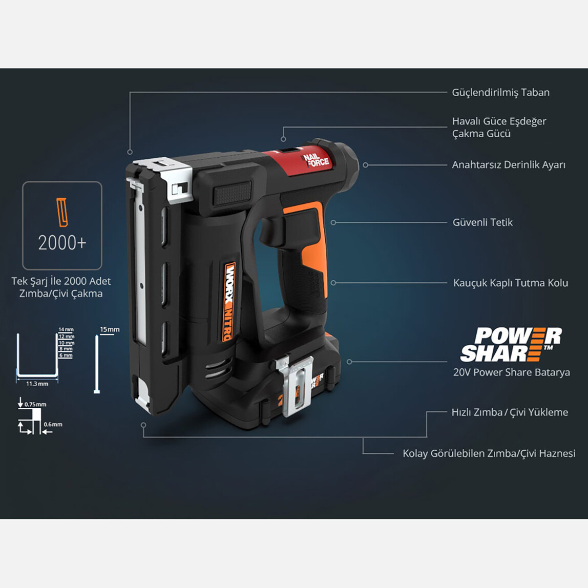    Worx WX843 20Volt/2.0Ah. Li-ion Şarjlı Profesyonel 6-14mm Zımba ve 15mm Çivi Çakma + 3500 adet Yedek Zımba ve Çivi 