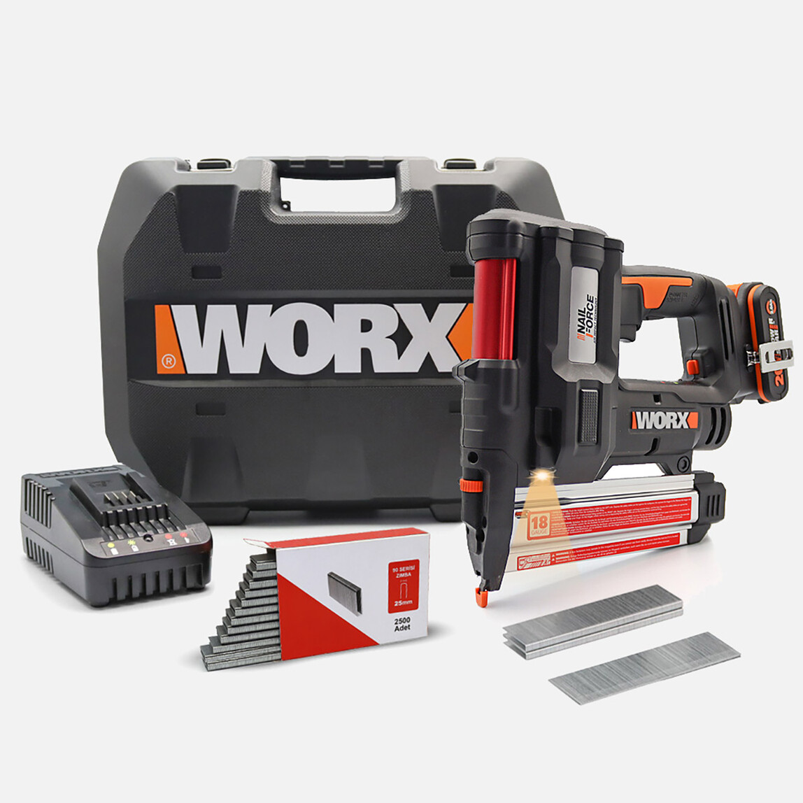    Worx WX840 20Volt/2.0Ah. Li-ion Şarjlı Profesyonel 16-40mm Zımba ve 15-50mm Çivi Çakma + 2900 Adet Yedek Zımba ve Çivi 