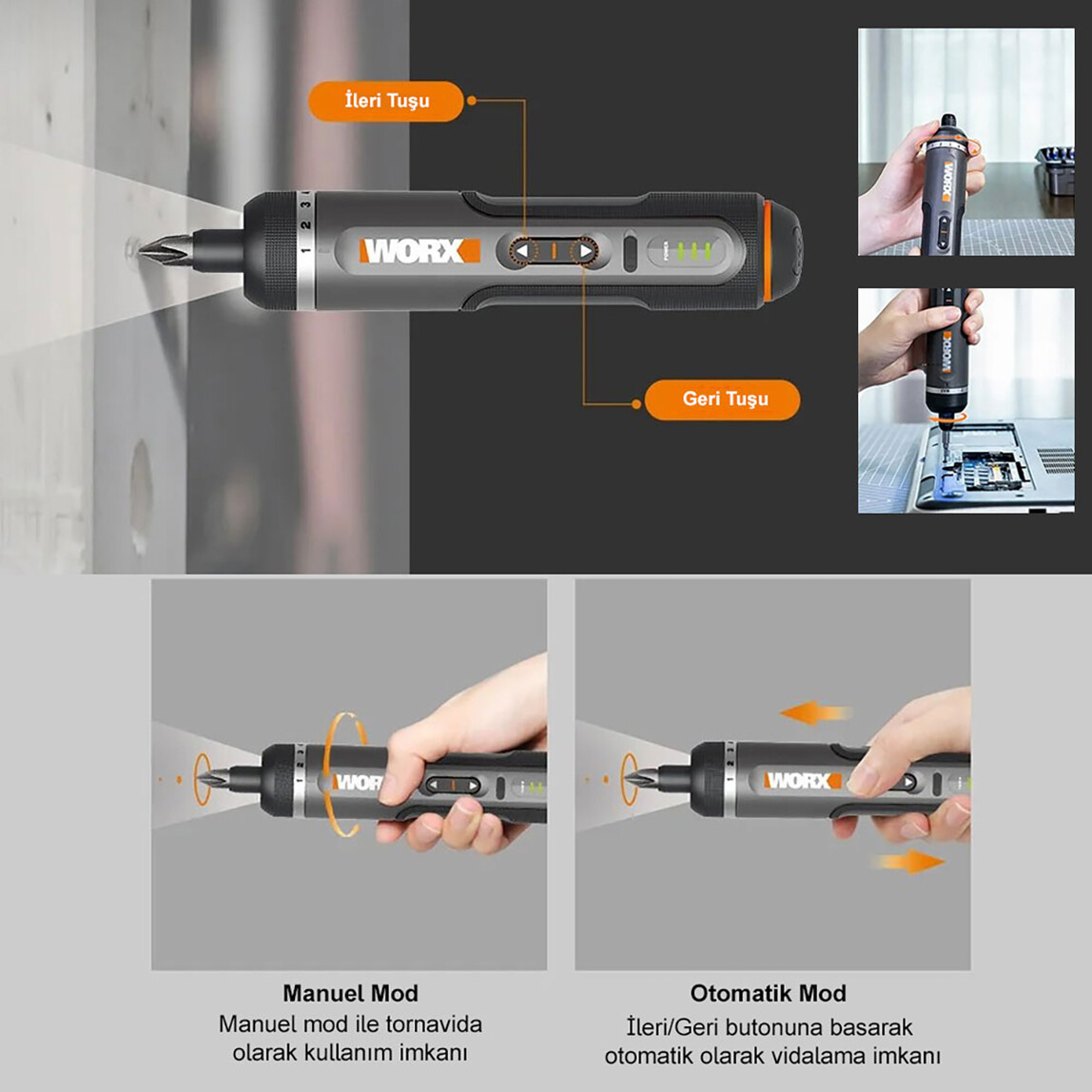    WORX WX242 4Volt/2.0Ah. Li-ion Akıllı Tork Ayarlı Şarjlı Tornavida + 30 Adet Bits Uç Seti 